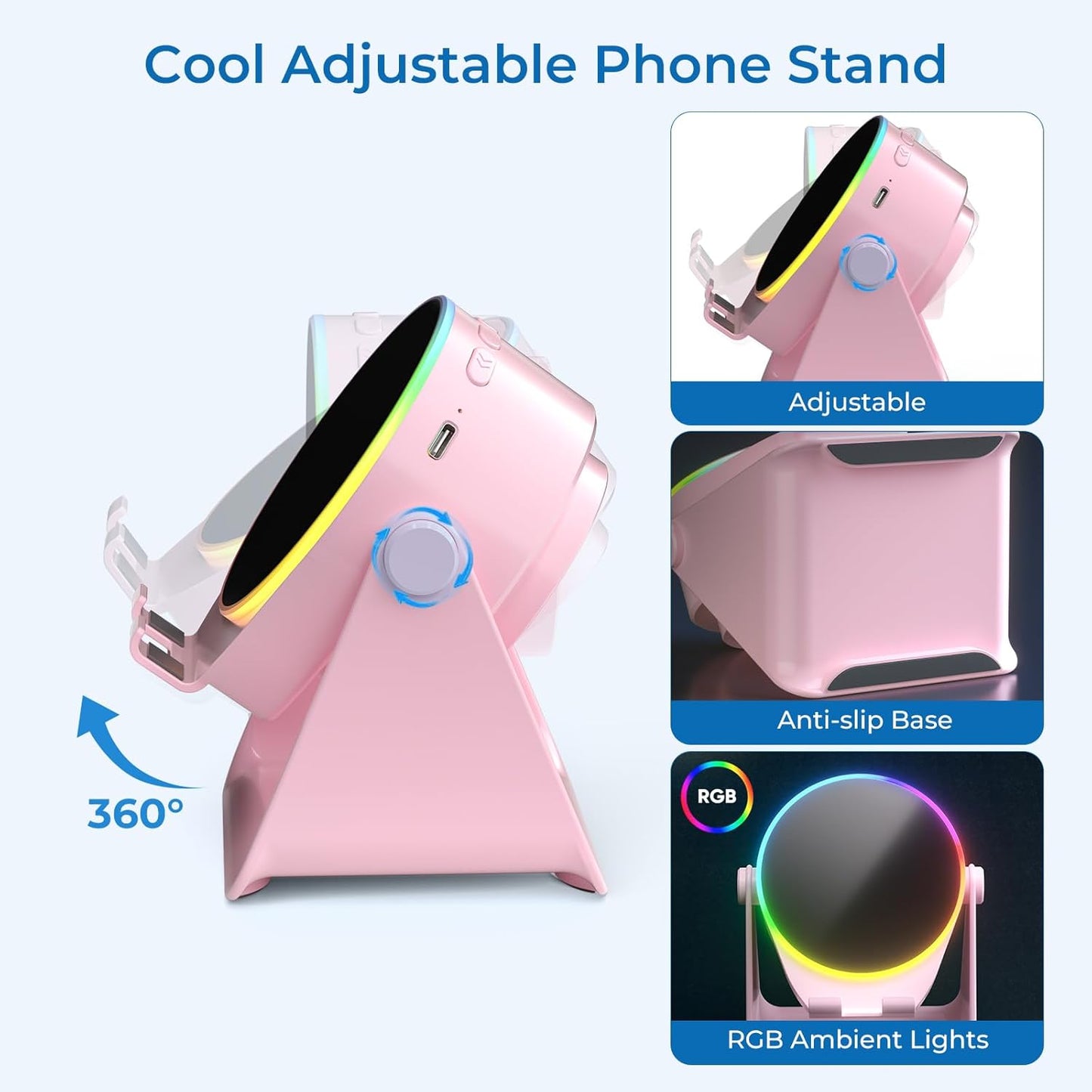 Wireless Induction Audio Bluetooth Speaker, 4 in 1 Phone Stand Speakers Amplifier with Colorful Ambient Light,360° Adjustable Holder - Pink