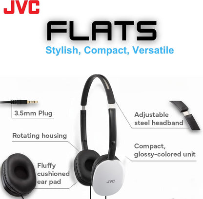 JVC Flats On-Ear Wired Headphones - Flat Foldable Design - 30mm - White
