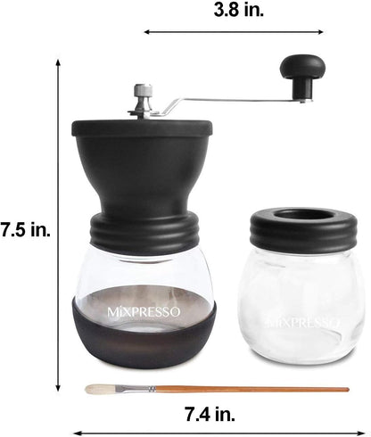 Mixpresso Handkoffiemeul, Speserymeul Handmatig, Glasflesse, Keramiekmaalskyf, Verstelbare Maal, Maklik om Skoon te Maak, Draagbare Kompakte Ontwerp, 3-stuk Stel, Vlekvrye Staal