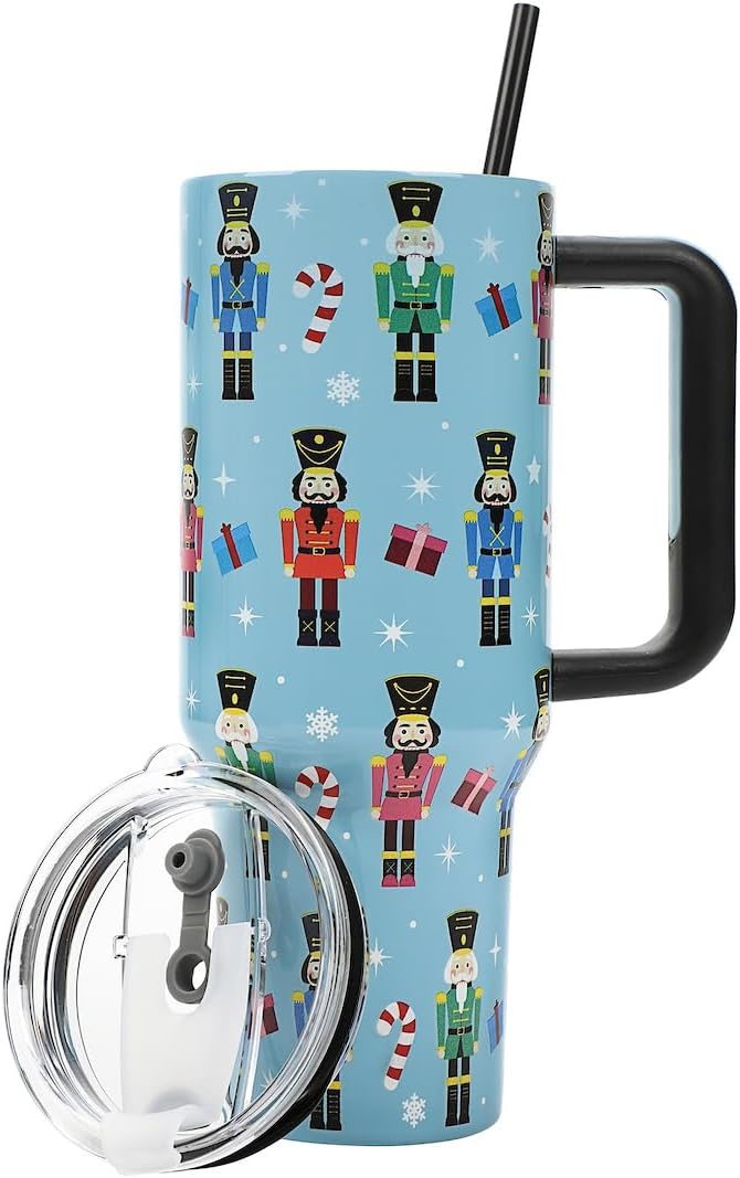 Insulated Stainless Steel Tumbler w/ Reusable Straw & Leak-Proof Lid Easy Carry Handle 40oz (Nutcrackers)