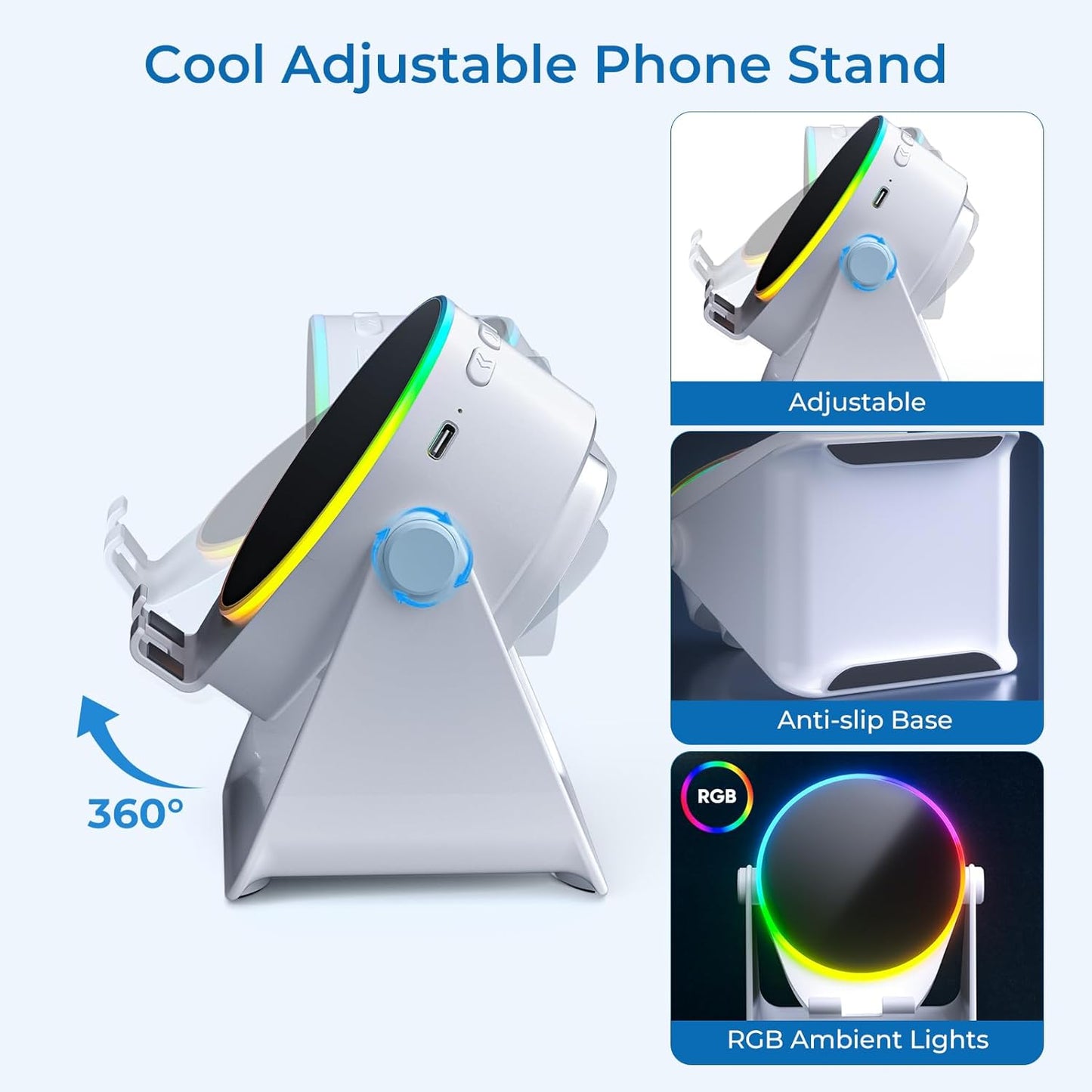 Wireless Induction Audio Bluetooth Speaker, 4 in 1 Phone Stand Speakers Amplifier with Colorful Ambient Light,360° Adjustable Holder- White