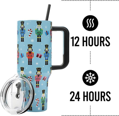 Insulated Stainless Steel Tumbler w/ Reusable Straw & Leak-Proof Lid Easy Carry Handle 40oz (Nutcrackers)
