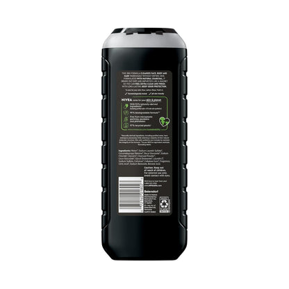 NIVEA Men Active Clean Body Wash with Natural Charcoal for Normal to Oily Skin, 3-in-1 Charcoal Body Wash, Face and Hair, Draws Out Dirt and Impurities, 16.9 Fl Oz Bottle, Pack of 3
