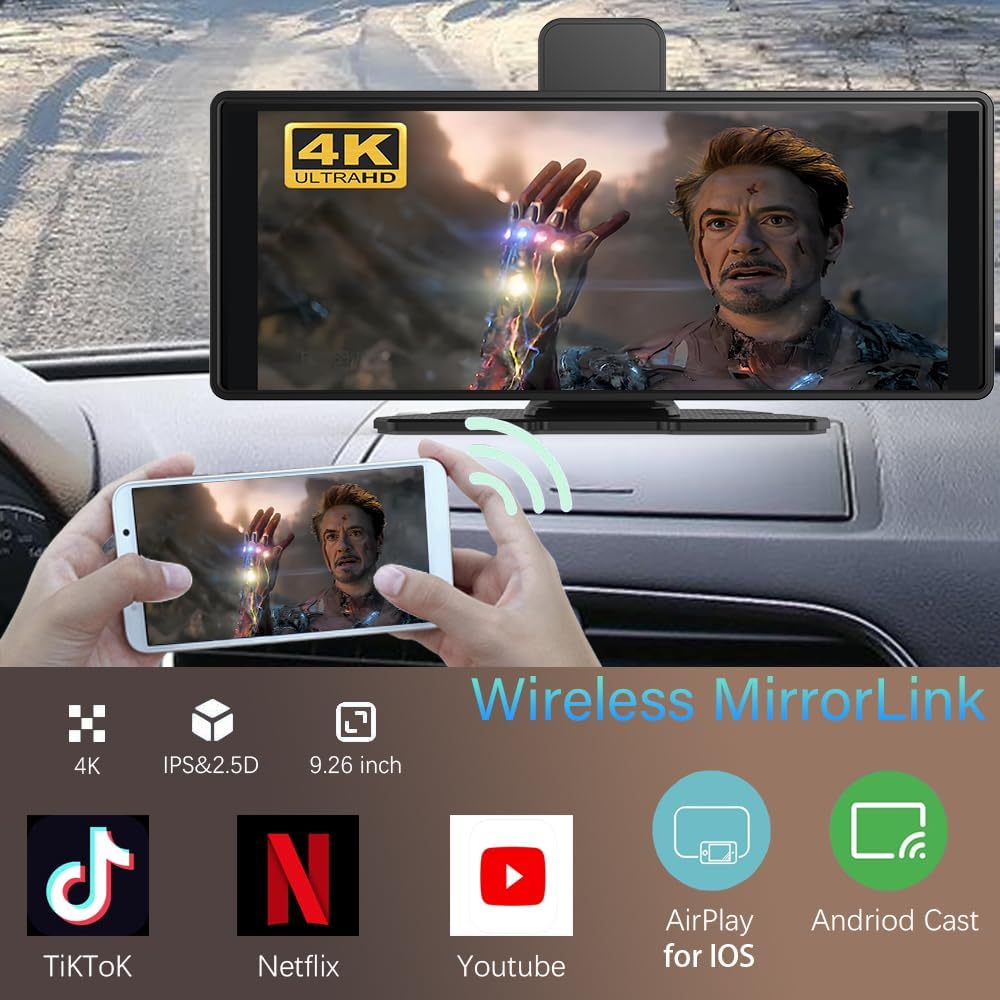 Wireless Carplay 4k Ultra HD Screen 10.26 Inches 360 Rotation Dash Cam Carplay & Android 1080p GPS Navigation/Mirror Link/Voice Control/Siri/FM Satellite Radio Receiver