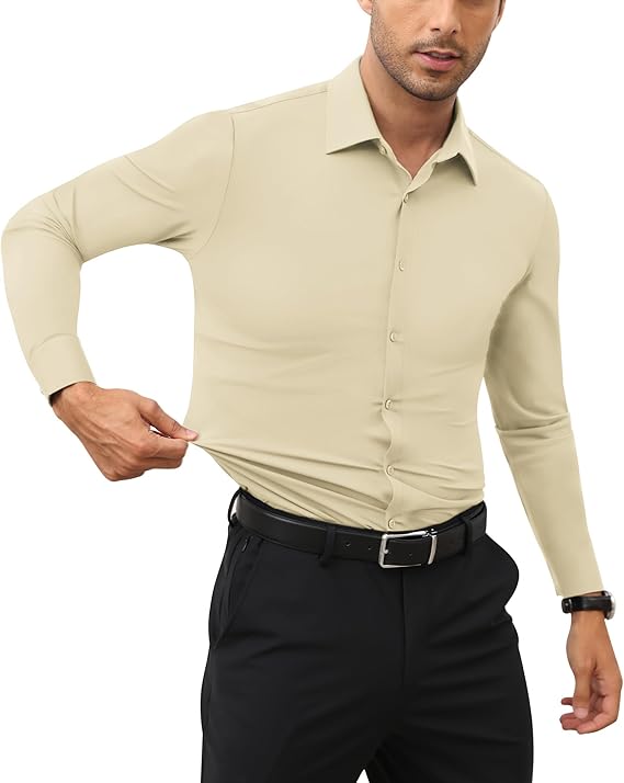 Mans Langmou Slim Fit, Spiervas, Kreukelvry, Knoop-af Rekbaar
