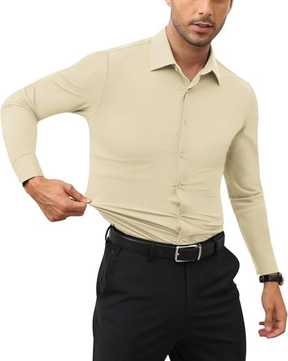 Mans Langmou Slim Fit, Spiervas, Kreukelvry, Knoop-af Rekbaar