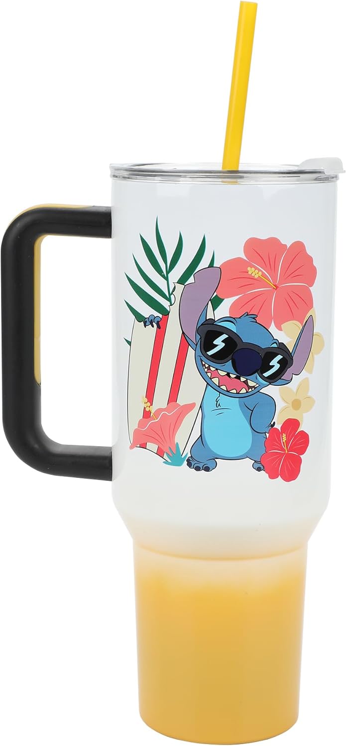 Insulated Stainless Steel Tumbler w/ Reusable Straw & Leak-Proof Lid Easy Carry Handle 40oz (Stitch)