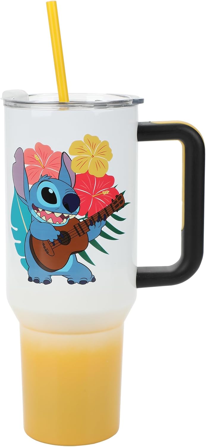 Insulated Stainless Steel Tumbler w/ Reusable Straw & Leak-Proof Lid Easy Carry Handle 40oz (Stitch)