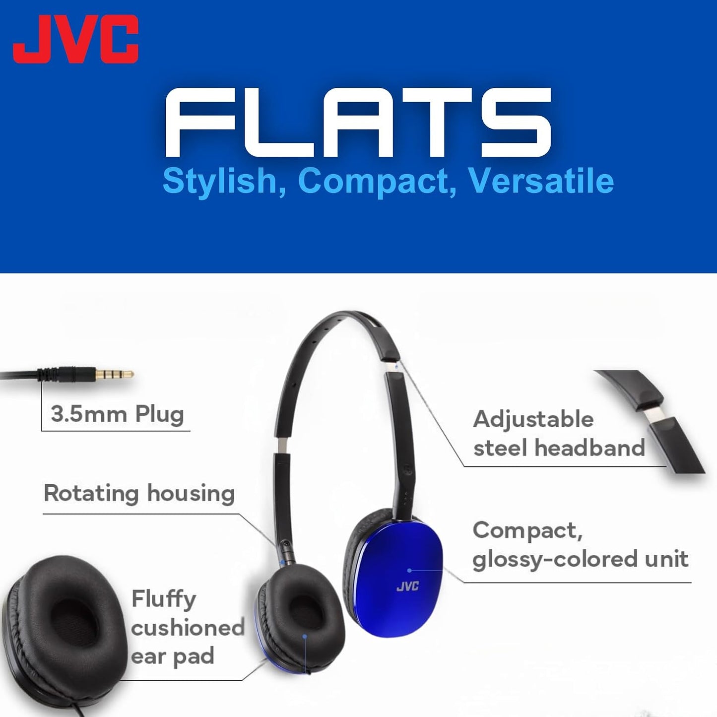 JVC Flats On-Ear Wired Headphones Flat Foldable 30mm Driver, Soft Ear-Pads for Comfort – Steel Headband - Lightweight & Portable 3.5mm Slim Plug - (BLUE))