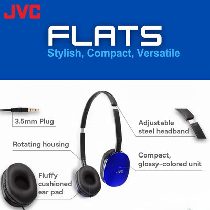 JVC Flats On-Ear Wired Headphones Flat Foldable 30mm Driver, Soft Ear-Pads for Comfort – Steel Headband - Lightweight & Portable 3.5mm Slim Plug - (BLUE))