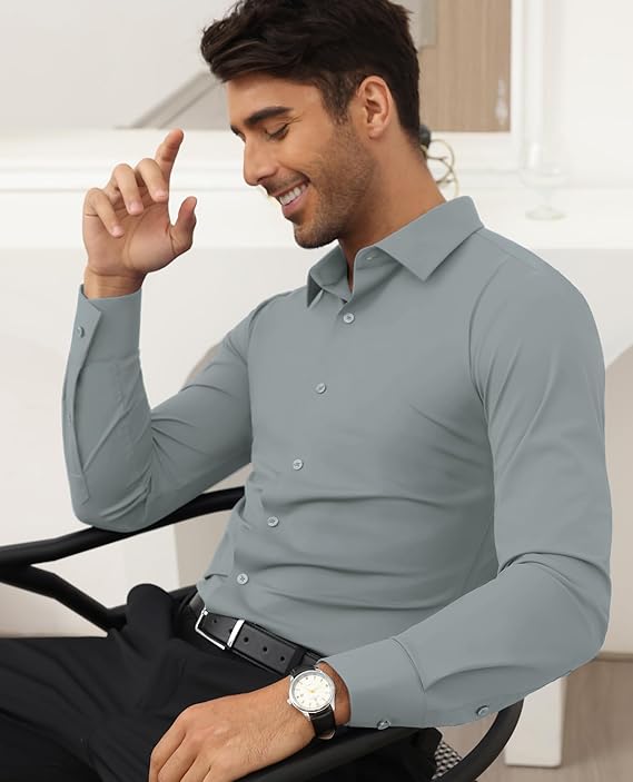 Mans Langmou Slim Fit, Spiervas, Kreukelvry, Knoop-af Rekbaar