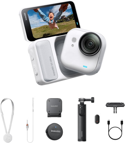 Insta360 GO Ultra Vlogger Bundle - Small 4K Vlogging Camera, Hands-Free, POV Cam, 1/1.28" Sensor, 53g Lightweight, 156° FOV, 200 Min Battery Life, Magnetic Wearable Action Camera for Sports, Vlog
