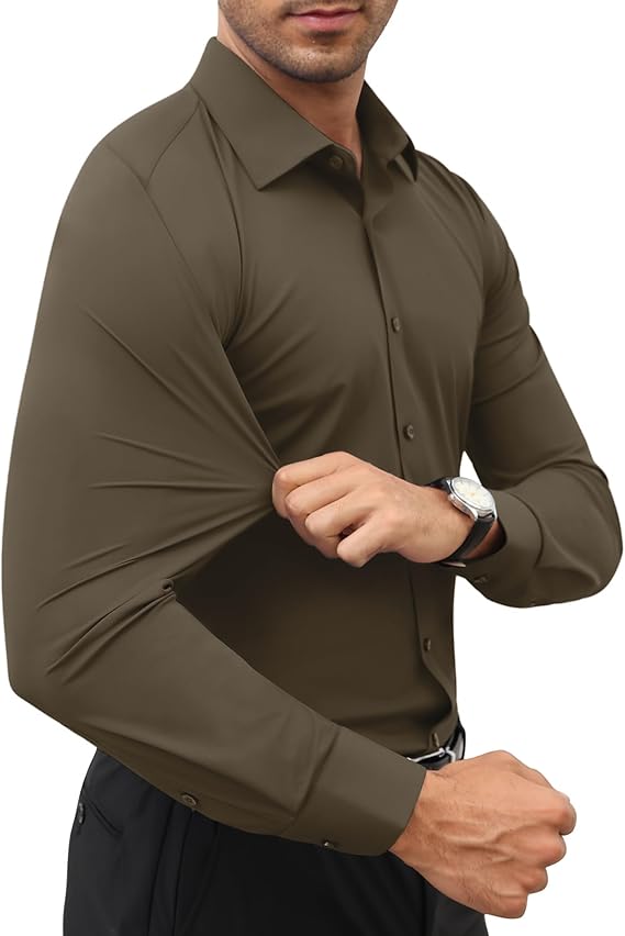 Mans Langmou Slim Fit, Spiervas, Kreukelvry, Knoop-af Rekbaar