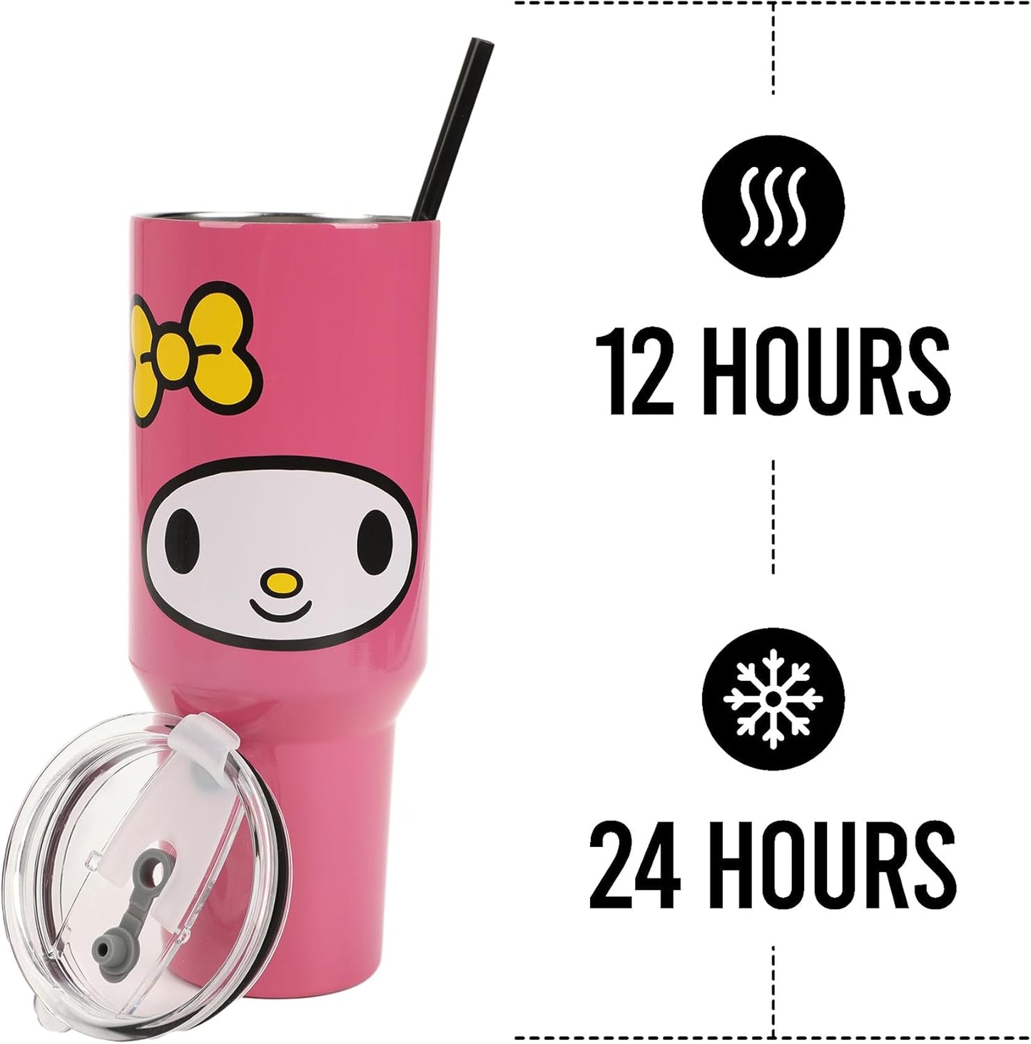 Insulated Stainless Steel Tumbler w/ Reusable Straw & Leak-Proof Lid Easy Carry Handle 40oz (Melody Face)