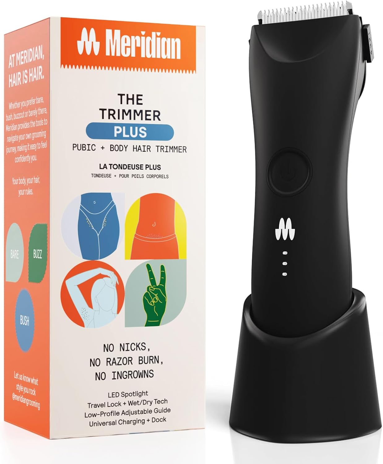 MERIDIAN Trimmer Plus - Body & Bikini Hair Manscaping Trimmer, Adjustable Guard, USB-C Charging, Flash Light, Travel Lock, Onyx
