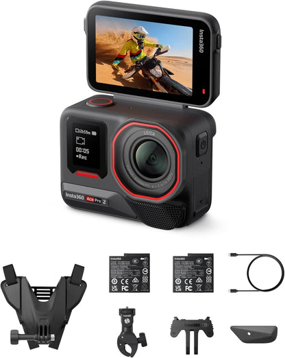 Insta360 Ace Pro 2 Motorcycle Bundle Dual Battery - 8K Waterproof Action Camera Co-Engineered with Leica, 1/1.3" Sensor, Dual AI Chip, Leading Low Light, Superior Audio, Flip Screen & AI Editing