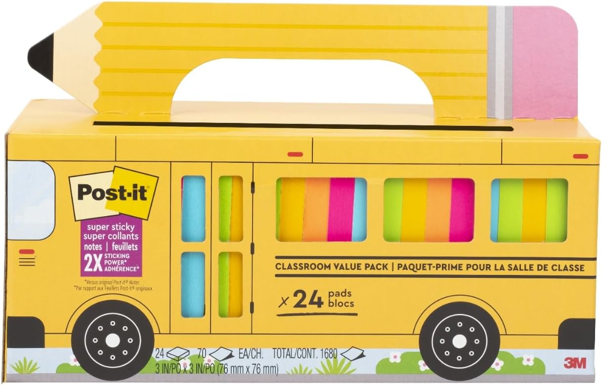 Post-it Super Sticky Notes Value Pack - 24 Pads, Convenient School Bus Carry and Storage Case, 2X The Sticking Power, 3x3", Bright Colors (Orange, Pink, Blue, Green, Yellow)