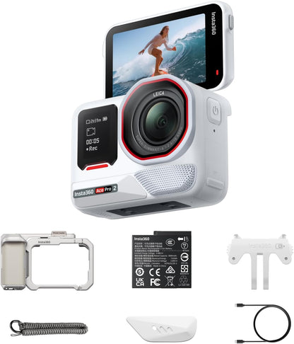 Insta360 Ace Pro 2 Arctic White Limited Edition - Xplorer Bundle Moonlight Silver 8K Camera Co-Engineered with Leica, 1/1.3" Sensor, Dual AI Chip, Leading Low Light, Flip Screen & AI Editing