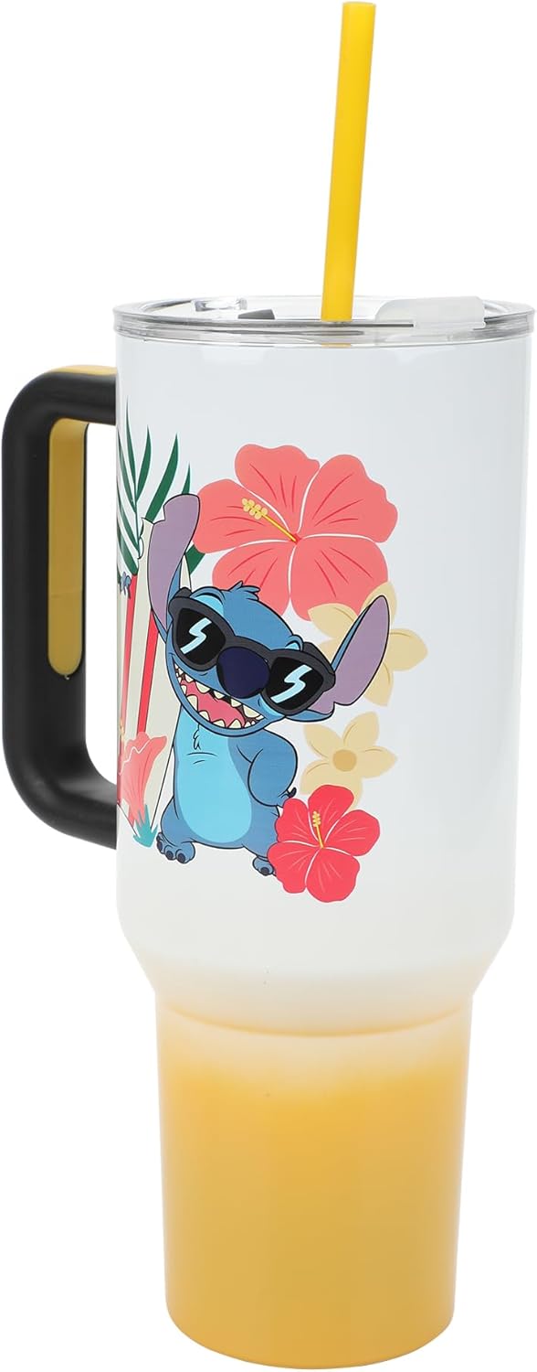 Insulated Stainless Steel Tumbler w/ Reusable Straw & Leak-Proof Lid Easy Carry Handle 40oz (Stitch)