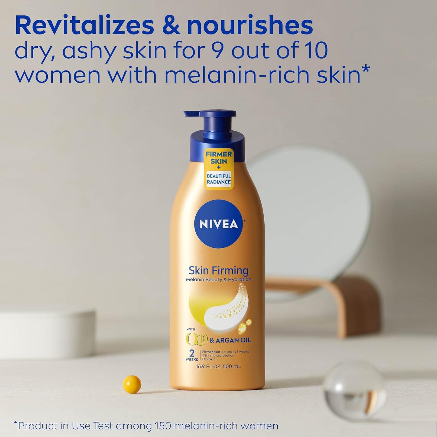 NIVEA Skin Firming Melanin Beauty & Hydration Body Lotion with Q10 and Argan Oil, Firmer Skin 16.9 Fl Oz Pump Bottle - (2PK)