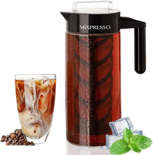 Mixpresso Koue Brouer vir Yskoffie en Ystee, Koue Koffiemaker Glasbeker, Tee-infuser vir Los Blaar Tee, 44oz Groot Ystee Brouer met Maklik Skoonmaakbare Herbruikbare Maasfilter.