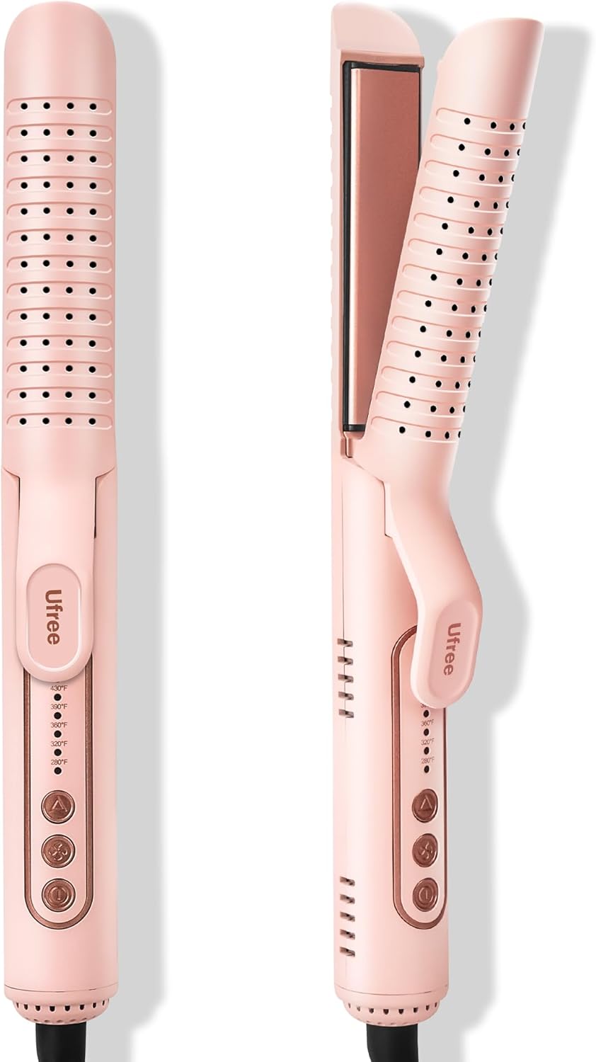 Airflow Curling Iron, 360° Cool 2 in 1 Flat Iron Hair Straightener & Curler for Lasting Curls, 1.25 Inch Curling Wand, 5 Temps for Long & Short Hair, Women Gifts, Anti-Scald