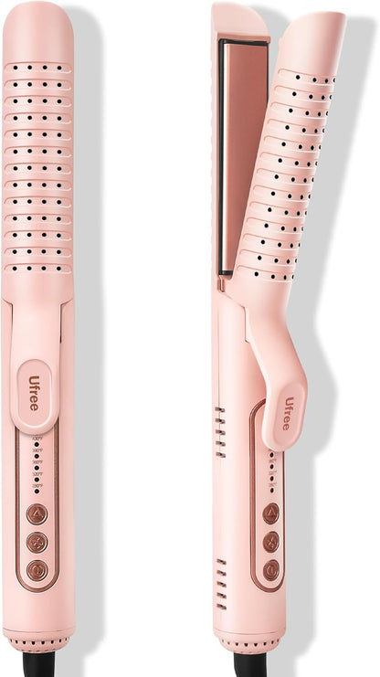 Airflow Curling Iron, 360° Cool 2 in 1 Flat Iron Hair Straightener & Curler for Lasting Curls, 1.25 Inch Curling Wand, 5 Temps for Long & Short Hair, Women Gifts, Anti-Scald