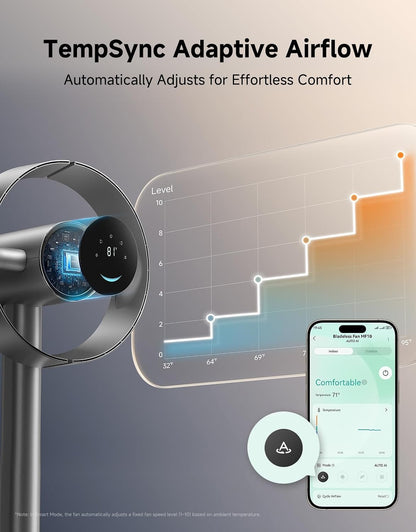 Bladeless Tower Fan MF10 for Bedroom with 270° Spatial Airflow Smart Standing Fan for Whole-Room Circulation, 59ft/s High Velocity, 10 Speeds 3 Modes, Temperature-Adaptive Airflow, Silver