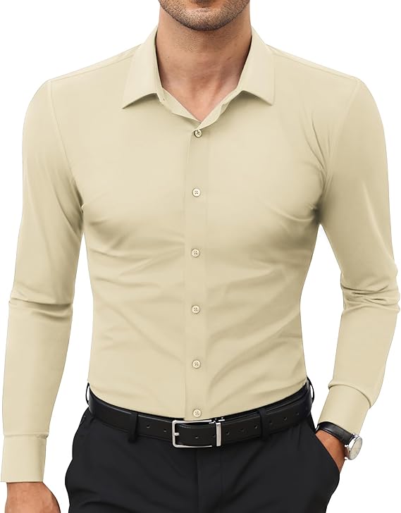 Mans Langmou Slim Fit, Spiervas, Kreukelvry, Knoop-af Rekbaar