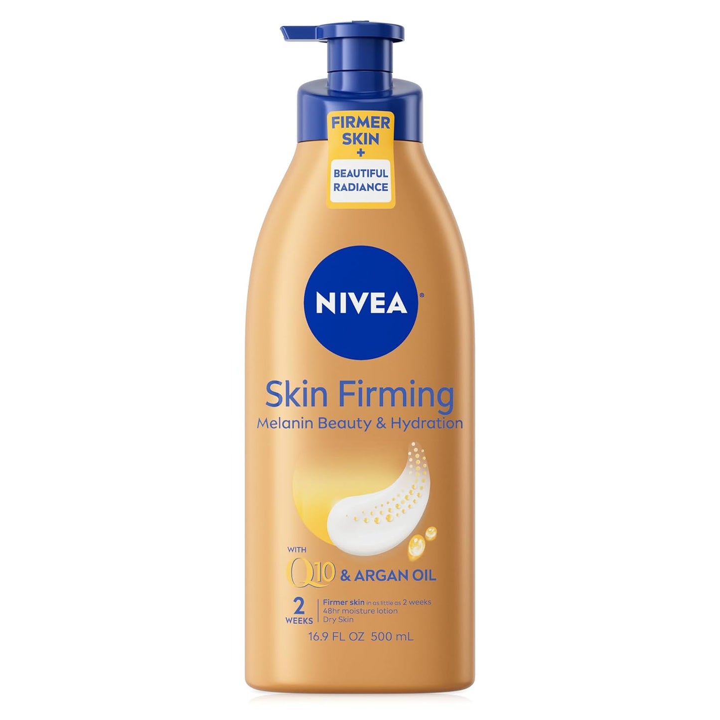 NIVEA Skin Firming Melanin Beauty & Hydration Body Lotion with Q10 and Argan Oil, Firmer Skin 16.9 Fl Oz Pump Bottle - (2PK)
