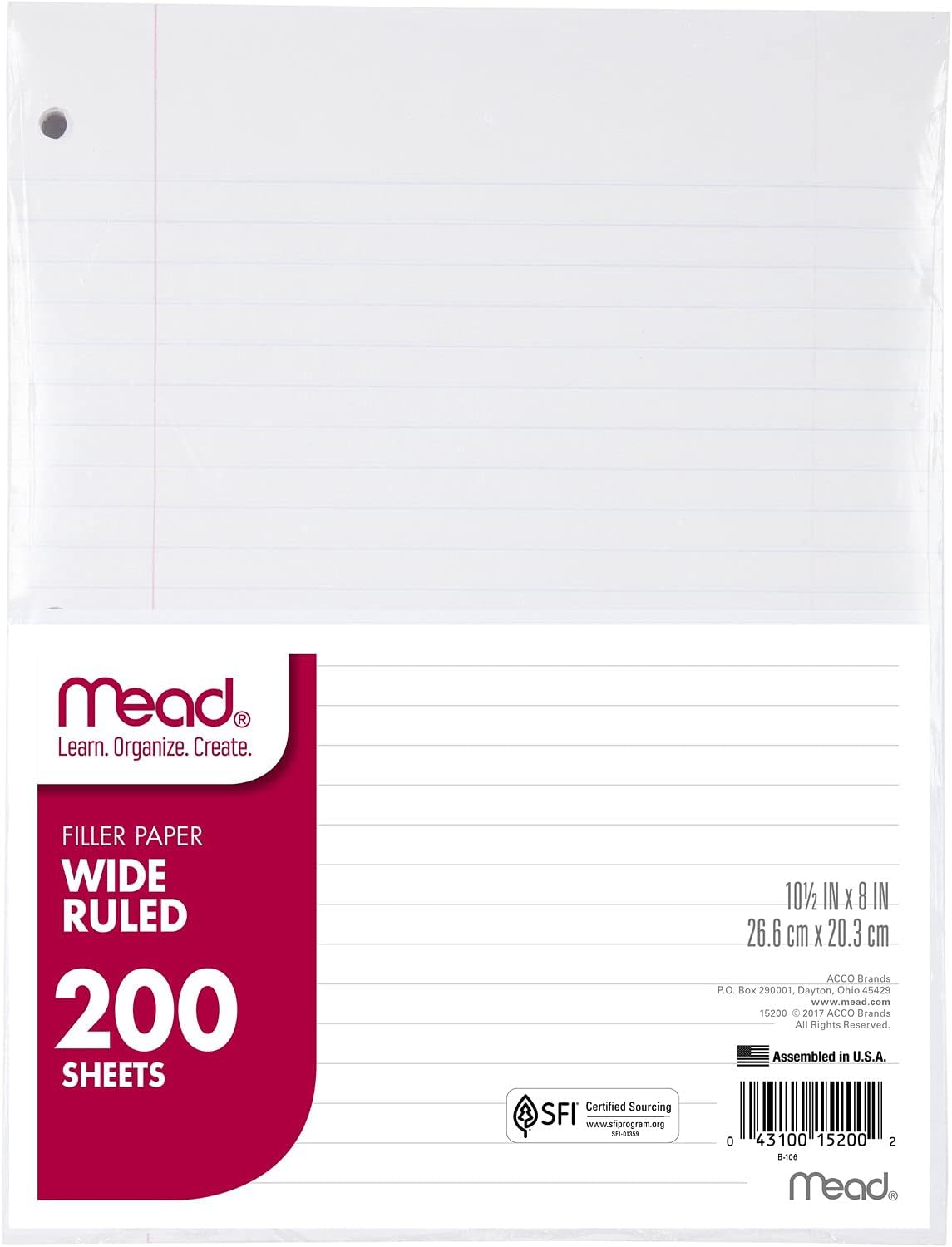 Mead Loose Leaf Paper, Wide Ruled Filler Notebook Paper, 8" x 10-1/2", 200 Sheets, Fits 3-Ring Binder (Pack of 2)