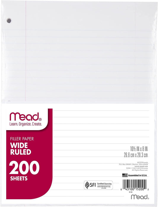 Mead Losbladpapier, Wye Lyne Vul-notaboekpapier, 8" x 10-1/2", 200 Velle, Pas 3-Ring Binder (Pak van 2)