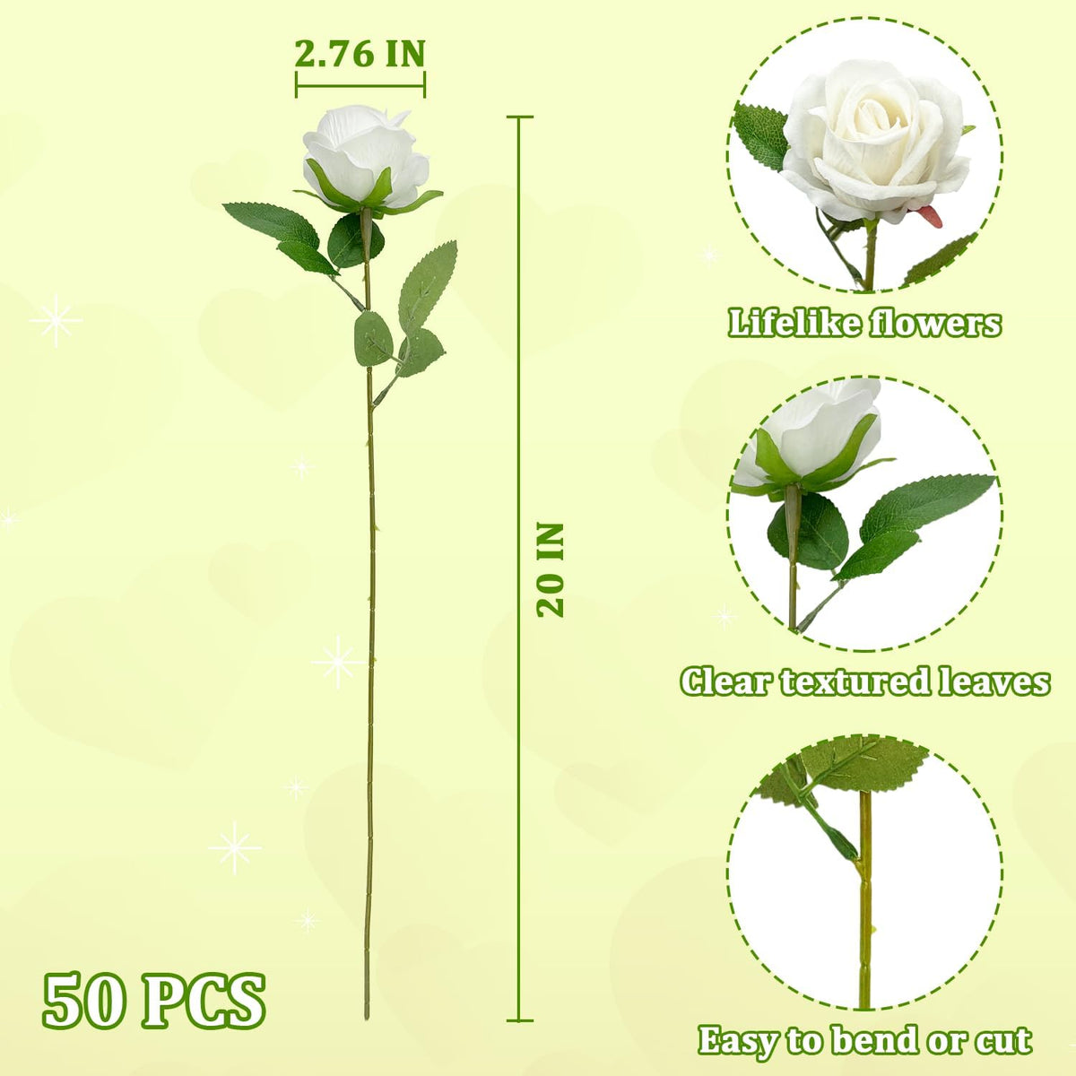 50 PCS Bulk Artificial Flowers, Fake Velvet Silk White Roses W/ Long Stems