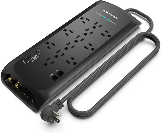 Monster Swart Swaar Diens Oorspanningsbeskermer Kragstrook 6 vt Koord met 12 120V-Sok Verlenging, 2 Ethernet-skakelpoorte, 4050J Gradering, 1 USB-A, en 1 USB-C Laaipoorte – Ideaal vir Rekenaars en Kantore