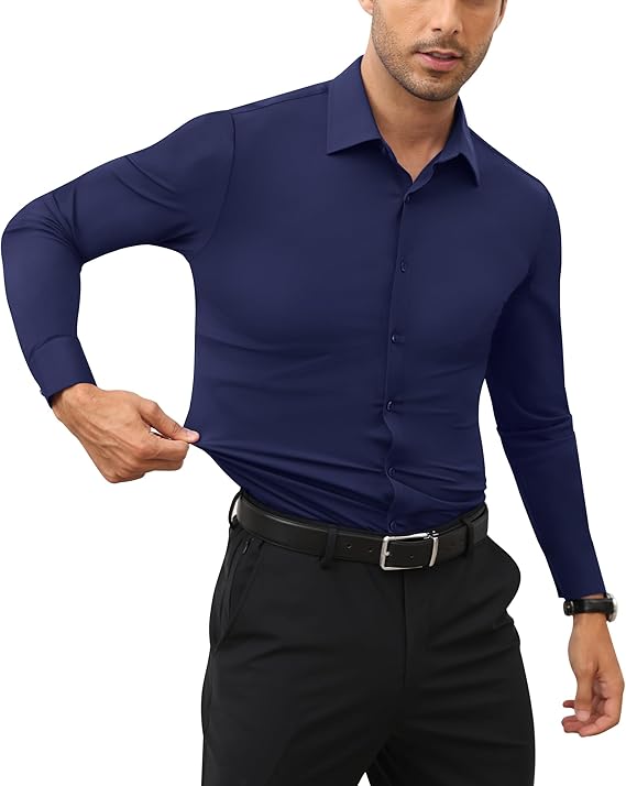 Mans Langmou Slim Fit, Spiervas, Kreukelvry, Knoop-af Rekbaar