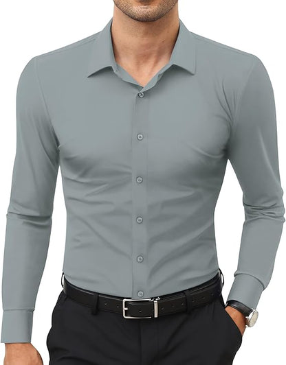 Mans Langmou Slim Fit, Spiervas, Kreukelvry, Knoop-af Rekbaar