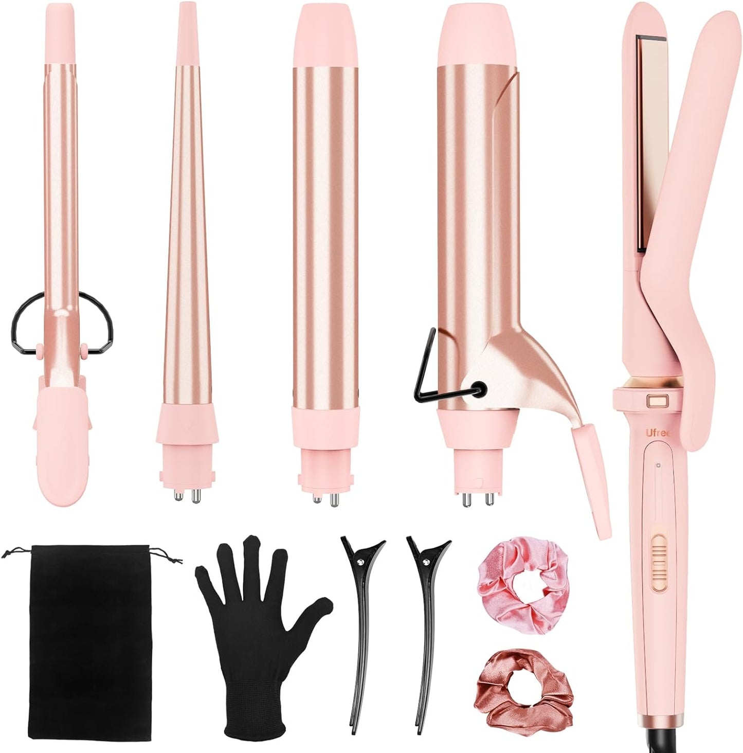 5 in 1 Curling Iron with Ceramic Barrels (0.35"-1.25"), Curling Wand Set with Flat Iron Hair Straightener, Instant Heat Up, Dual Voltage Hair Curler, Gifts for Women, Pink