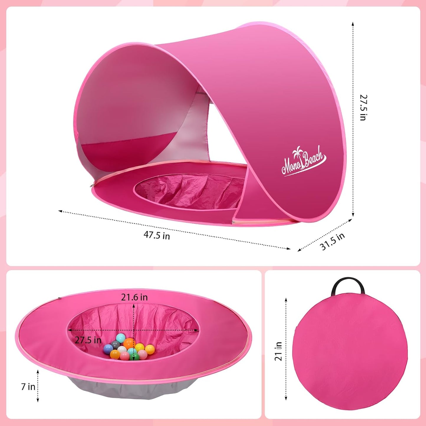 Beach Tent Pop Up Portable Shade Pool UPF50+ UV Protection Sun Shelter for Infant with Easy Set Up Canopy (Pink Beach Tent)