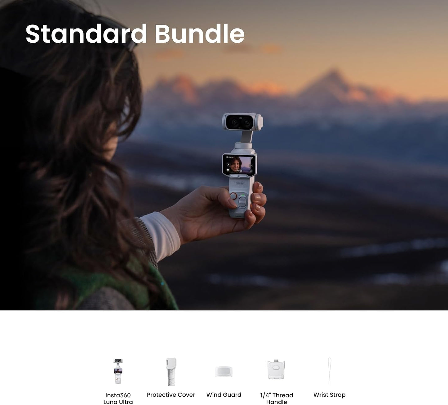 Insta360 Luna Ultra Creator Bundle - 8K Vlogging Camera with Dual Leica Lenses, 12× Zoom, 1" Sensor, Detachable 2" Touchscreen, Triple AI Chip, Pocket Gimbal Camera for Vlog Photography, Stellar White