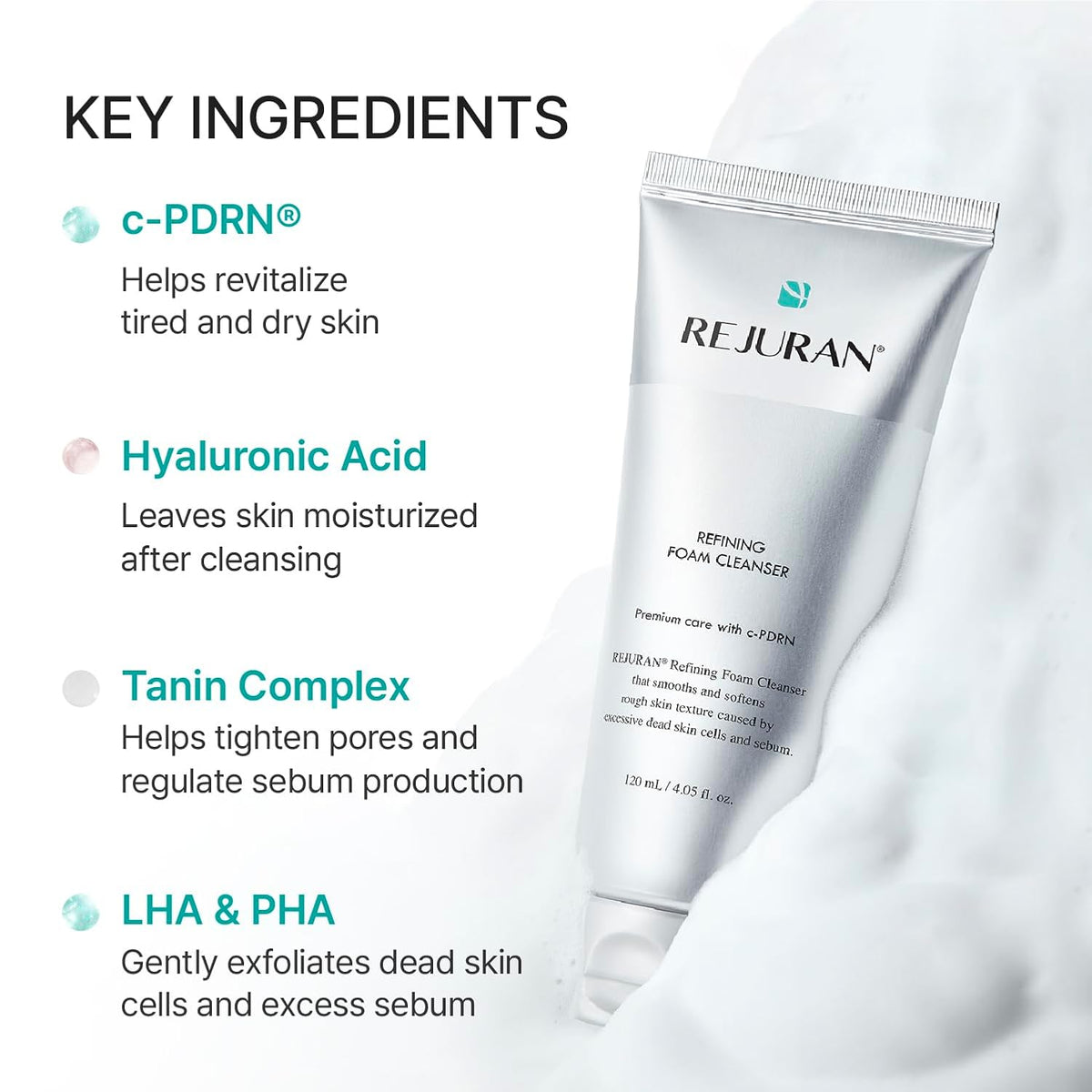 REJURAN Refining Foam Cleanser, c-PDRN® Facial Cleanser, 4.05 fl oz