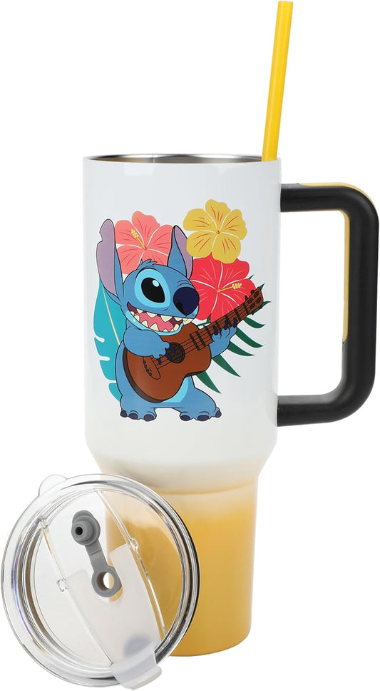 Insulated Stainless Steel Tumbler w/ Reusable Straw & Leak-Proof Lid Easy Carry Handle 40oz (Stitch)