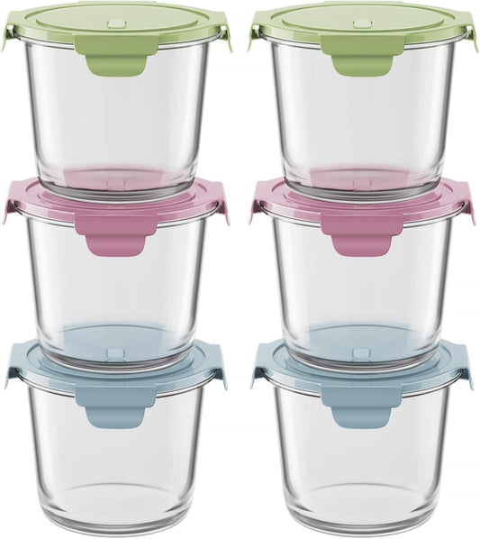 12 PCS Glass Meal Prep Containers with Lids, Airtight 3-Cup Glass Storage Containers Set, Heat-Resistant BPA-Free for Soup Leftover, Microwave, Dishwasher, and Freezer Safe (6 Packs Mixed colors)