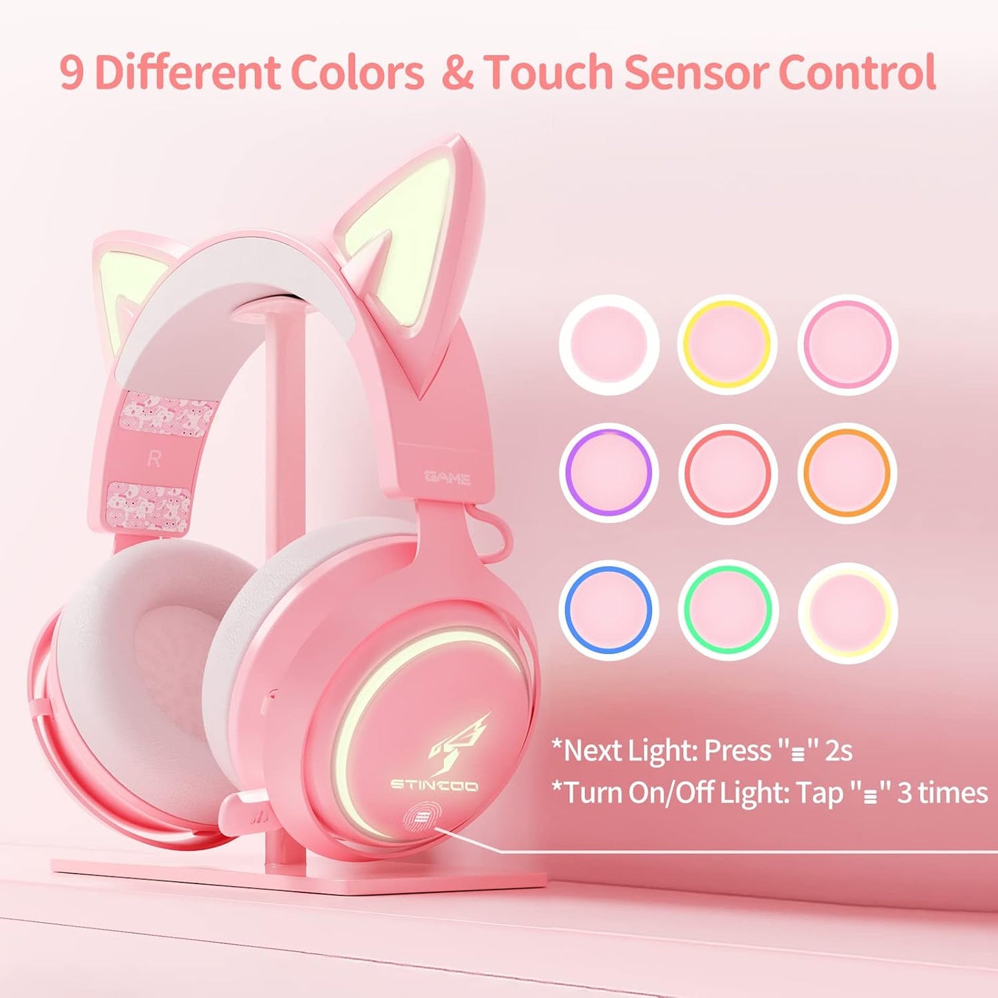 Wireless Cat Ear Headphones Gaming Headset Bluetooth 5.0 for Smartphone Retractable Mic 50mm Drivers RGB Lighting Headset with Mic (USB Dongle Not Included) - (PINK)