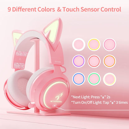 Wireless Cat Ear Headphones Gaming Headset Bluetooth 5.0 for Smartphone Retractable Mic 50mm Drivers RGB Lighting Headset with Mic (USB Dongle Not Included) - (PINK)