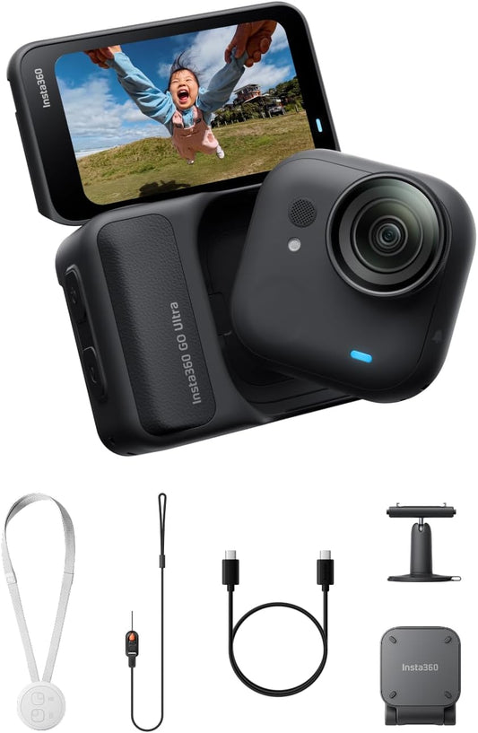 Insta360 GO Ultra Essentials Bundle - Small 4K Vlogging Camera, Hands-Free, POV Cam, 1/1.28" Sensor, 53g Lightweight, 156° FOV, 200 Min Battery Life, Magnetic Wearable Action Camera for Sports, Vlog