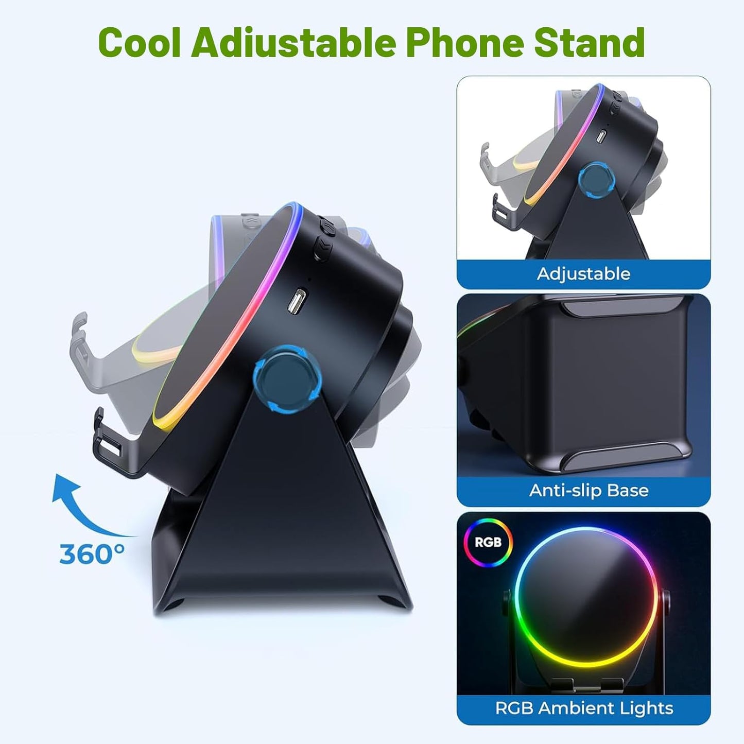 Wireless Induction Audio Bluetooth Speaker, 4 in 1 Phone Stand Speakers Amplifier with Colorful Ambient Light,360° Adjustable Holder - Black