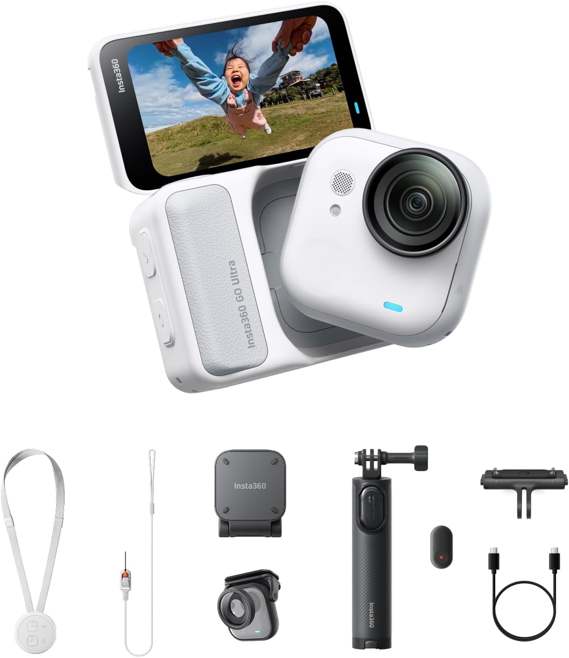 Insta360 GO Ultra Family Bundle - Small 4K Vlogging Camera, Hands-Free, POV Cam, 1/1.28" Sensor, 53g Lightweight, 156° FOV, 200 Min Battery Life, Magnetic Wearable Action Camera for Sports, Vlog