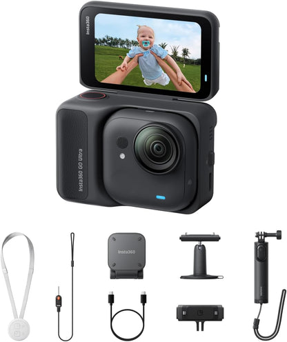 Insta360 GO Ultra Creator Bundle - Small 4K Vlogging Camera, Hands-Free, POV Cam, 1/1.28" Sensor, 53g Lightweight, 156° FOV, 200 Min Battery Life, Magnetic Wearable Action Camera for Sports, Vlog