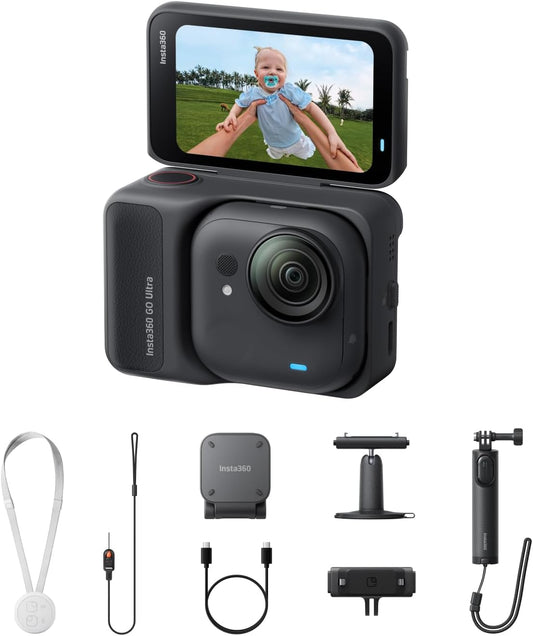 Insta360 GO Ultra Creator Bundle - Small 4K Vlogging Camera, Hands-Free, POV Cam, 1/1.28" Sensor, 53g Lightweight, 156° FOV, 200 Min Battery Life, Magnetic Wearable Action Camera for Sports, Vlog