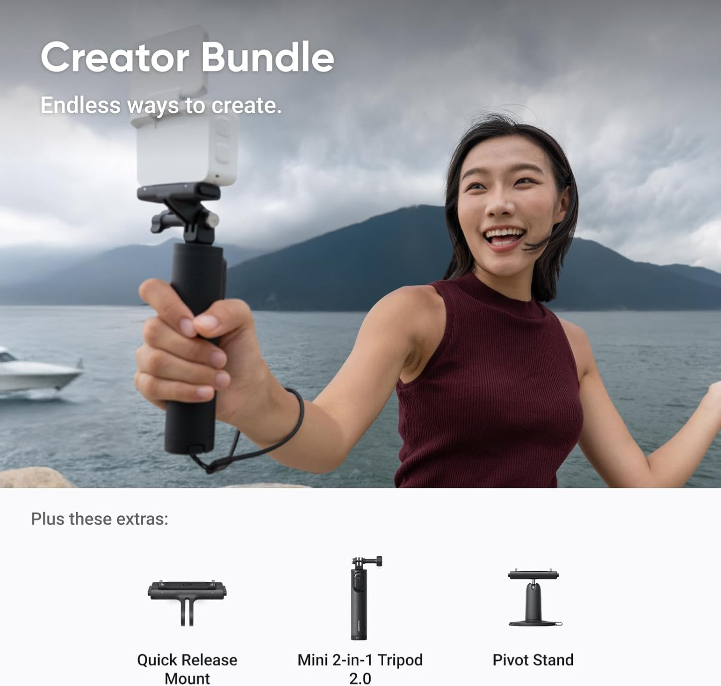 Insta360 GO Ultra Creator Bundle - Small 4K Vlogging Camera, Hands-Free, POV Cam, 1/1.28" Sensor, 53g Lightweight, 156° FOV, 200 Min Battery Life, Magnetic Wearable Action Camera for Sports, Vlog